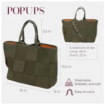 POPUPS Interwoven Large Neoprene Foldable Tote Bag, Weekender Bag for Women - Travel Crossbody Purse - Secure to Carry On, Luggage (Safari)
