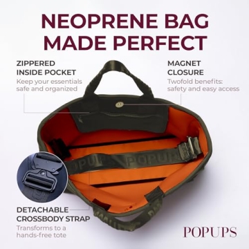 POPUPS Interwoven Large Neoprene Foldable Tote Bag, Weekender Bag for Women - Travel Crossbody Purse - Secure to Carry On, Luggage (Safari)