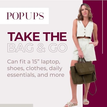 POPUPS Interwoven Large Neoprene Foldable Tote Bag, Weekender Bag for Women - Travel Crossbody Purse - Secure to Carry On, Luggage (Safari)