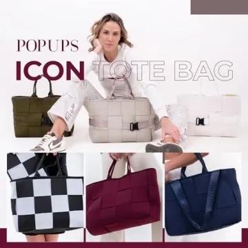 POPUPS Interwoven Large Neoprene Foldable Tote Bag, Weekender Bag for Women - Travel Crossbody Purse - Secure to Carry On, Luggage (Safari)