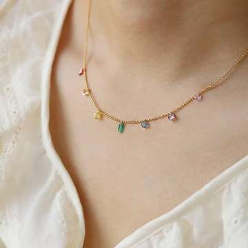 YADUDA boho Colorful CZ Pendant Choker Necklace Bracelet for Women,18K Gold Plated Rainbow Bezel Diamond Drop Dangle Station Necklace Bracelet Set,Jewelry Gift for Women