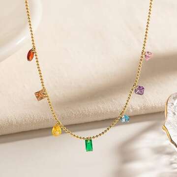 YADUDA boho Colorful CZ Pendant Choker Necklace Bracelet for Women,18K Gold Plated Rainbow Bezel Diamond Drop Dangle Station Necklace Bracelet Set,Jewelry Gift for Women