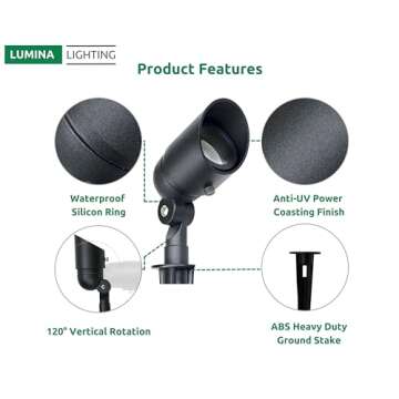 Lumina Lighting® 4W Landscape Lighting 12V Landscape Lights Low Voltage Landscape Spotlights Warm White Waterproof Outdoor Replaceable LED Bulb for Garden, Lawn, Porch, Patio and Yard (Black, 2-Pack)