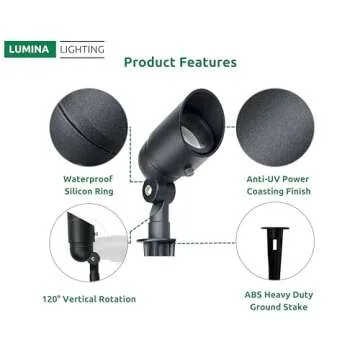 Lumina Lighting® 4W Landscape Lighting 12V Landscape Lights Low Voltage Landscape Spotlights Warm White Waterproof Outdoor Replaceable LED Bulb for Garden, Lawn, Porch, Patio and Yard (Black, 2-Pack)