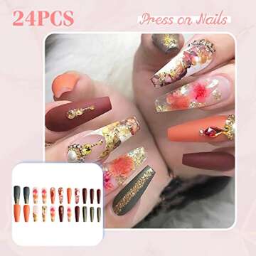 Morily 24Pcs Colorful Long Coffin Press on Nails Matte Fake Nails with Flower Pattern Gold Glitter Streak Design 3D Rhinestones False Nail Artificial Stick on Nails for Women (Colorful Flower Crystal)