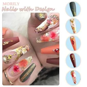 Morily 24Pcs Colorful Long Coffin Press on Nails Matte Fake Nails with Flower Pattern Gold Glitter Streak Design 3D Rhinestones False Nail Artificial Stick on Nails for Women (Colorful Flower Crystal)