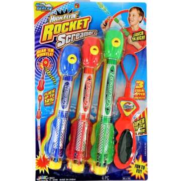 JA-RU Sling Shot Rocket w/Sound (1 Toy Set, 3 Foam Rockets) Rubber Band Launcher. Whistle Rocket Fly...