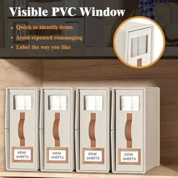 BigPonPon 4 Pack Foldable Bed Sheets Set Organizers and Storage(King & Queen Size),Linen Fabric Closet Organizers with Window,Folding Bedding Storage Box for Bedsheets and Pillow Cube Organizer-Beige