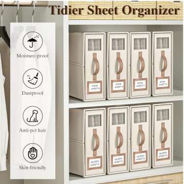 BigPonPon 4 Pack Foldable Bed Sheets Set Organizers and Storage(King & Queen Size),Linen Fabric Closet Organizers with Window,Folding Bedding Storage Box for Bedsheets and Pillow Cube Organizer-Beige