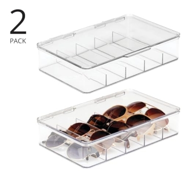 mDesign Plastic Stackable Eyeglass Case Storage Organizer with Hinged Lid for Unisex Sunglasses, Reading Glasses, Fashion Eye Wear, Protective Glasses, 5 Sections, Ligne Collection - 2 Pack - Clear