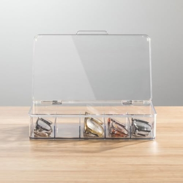 mDesign Plastic Stackable Eyeglass Case Storage Organizer with Hinged Lid for Unisex Sunglasses, Reading Glasses, Fashion Eye Wear, Protective Glasses, 5 Sections, Ligne Collection - 2 Pack - Clear