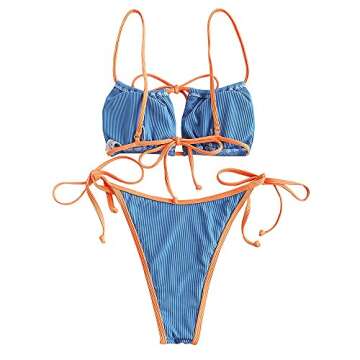 ZAFUL Women's Tie Cutout Keyhole Cami String Bikini Set Two Piece Swimsuit (B-Blue, S)