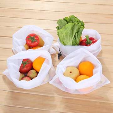 SuReady Reusable Produce Bags - Mesh Bags - Set of 10 - Washable, Heavy-Duty, EcoFriendly Bags Storage Totes for Grocery Shopping Fruits, Vegetables, Food