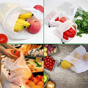 SuReady Reusable Produce Bags - Mesh Bags - Set of 10 - Washable, Heavy-Duty, EcoFriendly Bags Storage Totes for Grocery Shopping Fruits, Vegetables, Food