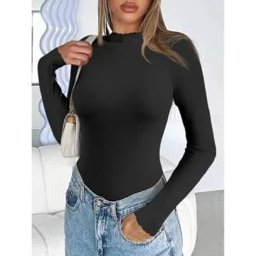 Ekouaer Turtleneck Shirt Women Ribbed Long Sleeve Shirts Lettuce Trim Mock Neck Tops Slim Fit Base Layer Black/Blue