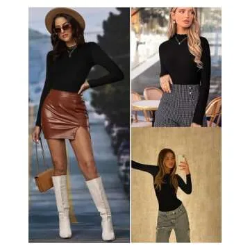 Ekouaer Turtleneck Shirt Women Ribbed Long Sleeve Shirts Lettuce Trim Mock Neck Tops Slim Fit Base Layer Black/Blue