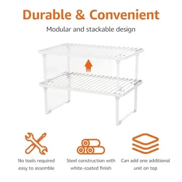 Amazon Basics Stackable Metal Kitchen Storage Shelves, Set of 2 - White, 12.5" L x 8" D x 4.5" H