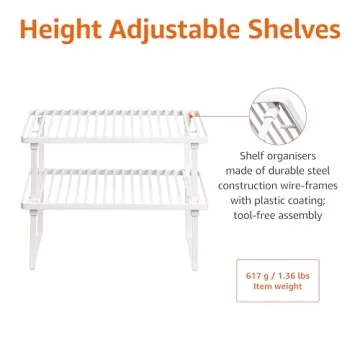 Amazon Basics Stackable Metal Kitchen Storage Shelves, Set of 2 - White, 12.5" L x 8" D x 4.5" H