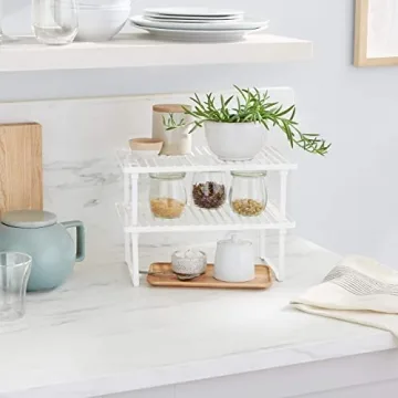 Amazon Basics Stackable Metal Kitchen Storage Shelves, Set of 2 - White, 12.5" L x 8" D x 4.5" H