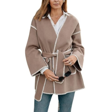 chouyatou Women's Fall Belted Embroidered Wool Jacket Business Casual Oversized Winter Wool Coat (X-...