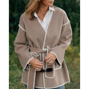 chouyatou Women's Fall Belted Embroidered Wool Jacket Business Casual Oversized Winter Wool Coat (X-Small, Light Coffee)