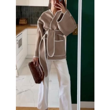 chouyatou Women's Fall Belted Embroidered Wool Jacket Business Casual Oversized Winter Wool Coat (X-Small, Light Coffee)