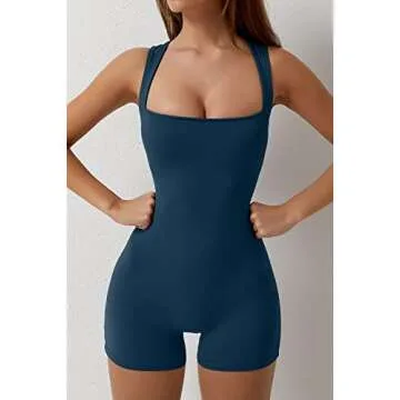 QINSEN Women's Navy Outfit Square Neck Sleeveless Bodysuit Short Jumpsuit Outfit for Summer S