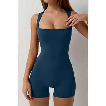 QINSEN Women's Navy Outfit Square Neck Sleeveless Bodysuit Short Jumpsuit Outfit for Summer S