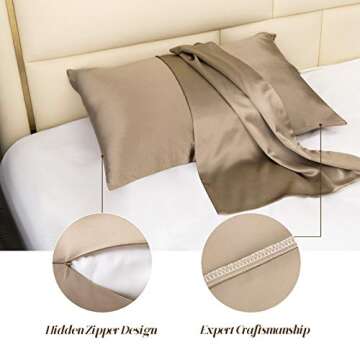 100% Natural Pure Silk Pillowcase for Hair and Skin, Both Side 19mm, Hypoallergenic, 600 Thread Count, Hidden Zipper Design (Taupe, Standard Size)