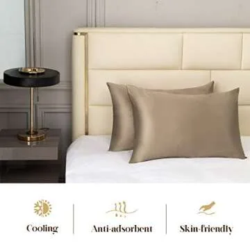 100% Natural Pure Silk Pillowcase for Hair and Skin, Both Side 19mm, Hypoallergenic, 600 Thread Count, Hidden Zipper Design (Taupe, Standard Size)