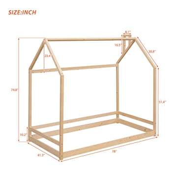 Bellemave Kids Montessori Floor Bed,Twin Size House Bed with Fence,Wooden Floor Bed for Kids,Twin Be...