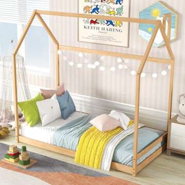 Bellemave Kids Montessori Floor Bed,Twin Size House Bed with Fence,Wooden Floor Bed for Kids,Twin Bed Frame for Girls,Boys(Twin,Natural)