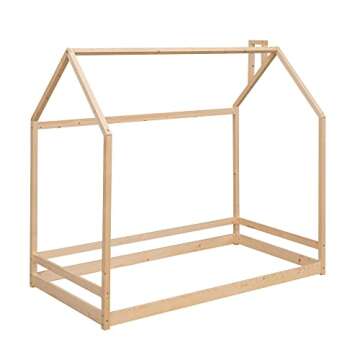 Bellemave Kids Montessori Floor Bed,Twin Size House Bed with Fence,Wooden Floor Bed for Kids,Twin Bed Frame for Girls,Boys(Twin,Natural)