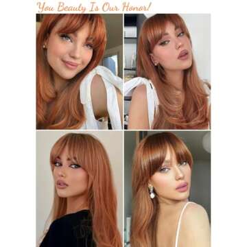 Honygebia Ginger Wig with Bangs - Auburn Wigs for Women, Copper Red Long Straight Layered Hair, Ligh...