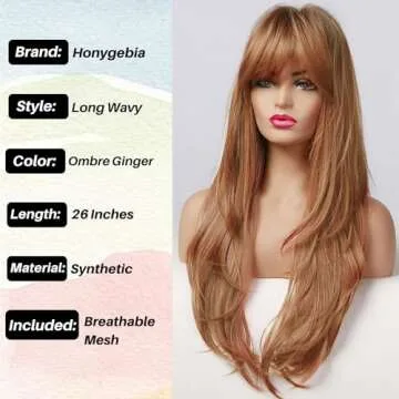 Honygebia Ginger Wig with Bangs - Auburn Wigs for Women, Copper Red Long Straight Layered Hair, Light Honey Blonde Dark Roots, Natural Synthetic Heat Resistant Wigs for Halloween/Christmas/Party