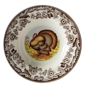 Spode Woodland Turkey 9-Inch Soup Bowls - Set of 4, Large Earthenware Bowls with Turkey Motif & Flow...