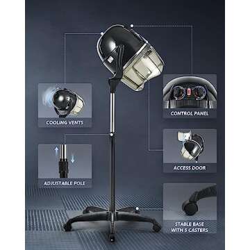 CO-Z 1300W Black Hooded Hair Dryer with Stand, Adjustable Height, 360 Swivel, Wheels, Temperature Timer, Safe Use