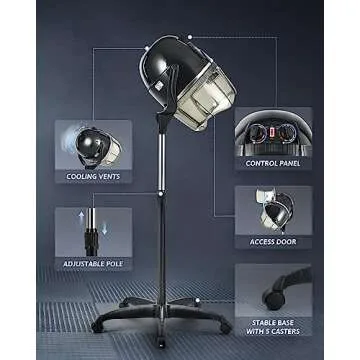 CO-Z 1300W Black Hooded Hair Dryer with Stand, Adjustable Height, 360 Swivel, Wheels, Temperature Timer, Safe Use