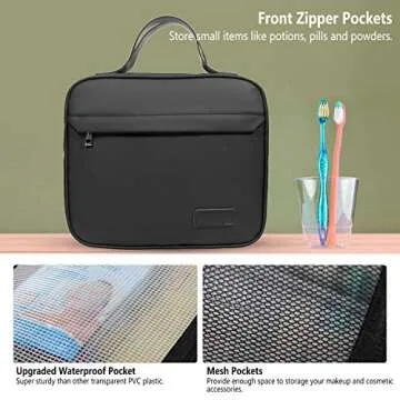 WDLHQC Hanging Travel Toiletry Bag with Hook | Water Proof Zip Bag with 4 Compartments + 2 Outer Zip Pockets | Cosmetic Travel Bag for Toiletries | Travel Essentials for Women & Men (Black)