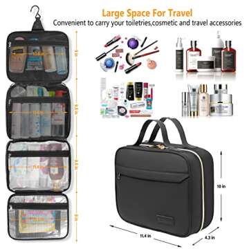 WDLHQC Hanging Travel Toiletry Bag with Hook | Water Proof Zip Bag with 4 Compartments + 2 Outer Zip Pockets | Cosmetic Travel Bag for Toiletries | Travel Essentials for Women & Men (Black)