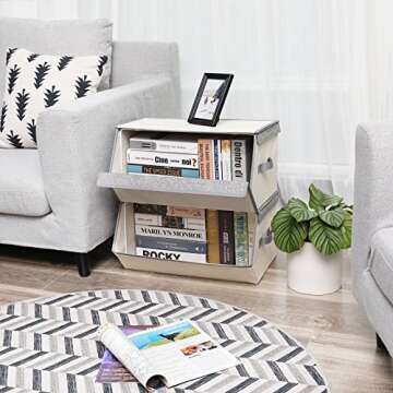 SONGMICS Large Bins with Lids and Handles, Stackable Storage Organizers with Linenette and Oxford Fabric for Clothes and Kid’s Toys, Set of 2, Gray and Beige URLB03GE