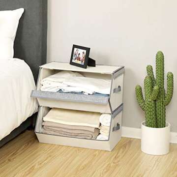 SONGMICS Large Bins with Lids and Handles, Stackable Storage Organizers with Linenette and Oxford Fabric for Clothes and Kid’s Toys, Set of 2, Gray and Beige URLB03GE