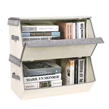 SONGMICS Large Bins with Lids and Handles, Stackable Storage Organizers with Linenette and Oxford Fabric for Clothes and Kid’s Toys, Set of 2, Gray and Beige URLB03GE