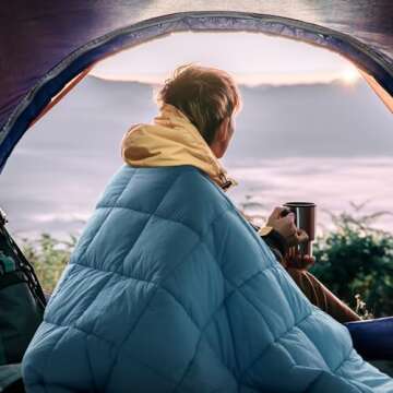 zzlamb Water-Repellent Camping Blanket for Kids, Outdoor Portable Travel Down Throw Blanket, Lightweight Duck Down Lap Quilt for Couch Airplane Car Backpacking RV Beach, 650 Fill Power 39x55in Blue