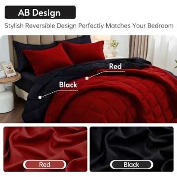MUXHOMO 7 Pieces Queen Comforter Set, Reversible Bed in a Bag Queen Size, All Season Bedding Set with Comforter, Flat Sheet, Fitted Sheet, Pillowcases & Shams, Red & Black