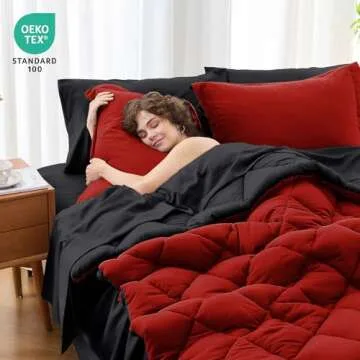MUXHOMO 7 Pieces Queen Comforter Set, Reversible Bed in a Bag Queen Size, All Season Bedding Set with Comforter, Flat Sheet, Fitted Sheet, Pillowcases & Shams, Red & Black