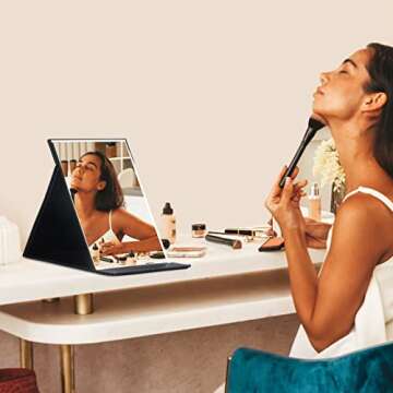 ZBEIVAN 12x9 Inches Extra Large Portable Folding Makeup Mirror, Frameless PU Leather Vanity Mirror with Stand for Desk Table Camping Travel Personal, Black