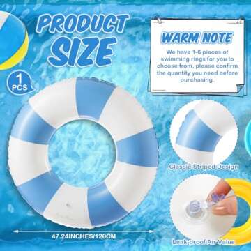 Foilswirl 1 Pcs 47.24 Inch Swimming Ring Jumbo Pool Floats Striped Pool Rings Inflatable Tube Pool T...