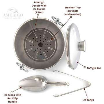 Amerigo Exclusive Insulated Ice Bucket - Well Made Double-Wall Champagne Bucket Keeps Ice Frozen Longer - 3 Liter Stainless Steel Ice Bucket for Parties with Lid, Strainer, Ice Tongs + Ice Scoop