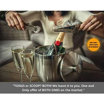 Amerigo Exclusive Insulated Ice Bucket - Well Made Double-Wall Champagne Bucket Keeps Ice Frozen Longer - 3 Liter Stainless Steel Ice Bucket for Parties with Lid, Strainer, Ice Tongs + Ice Scoop